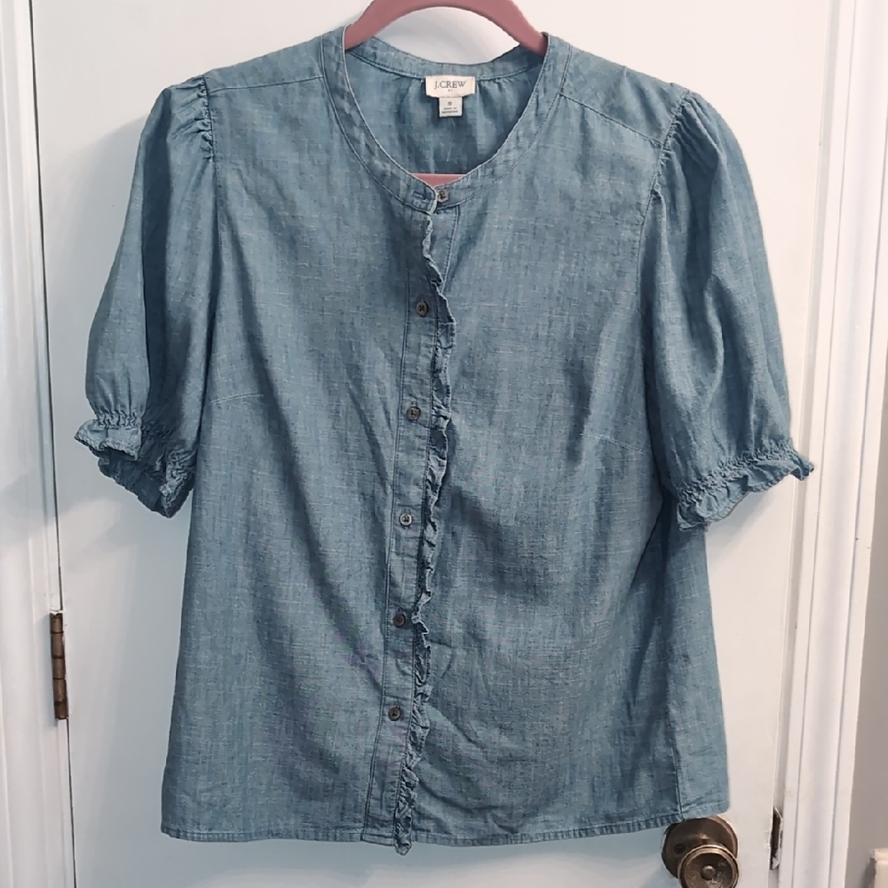 J. Crew New Chambray Puff Sleeve Ruffle Top Button-Up Blouse Size Small - Picture 2 of 7